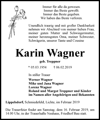 Traueranzeige von Karin Wagner von Ostthüringer Zeitung