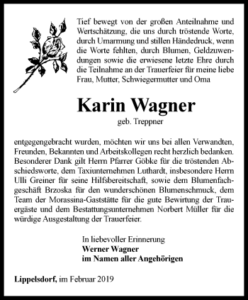 Traueranzeige von Karin Wagner von Ostthüringer Zeitung