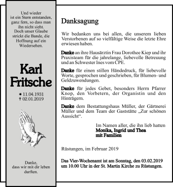 Traueranzeige von Karl Fritsche von Thüringer Allgemeine