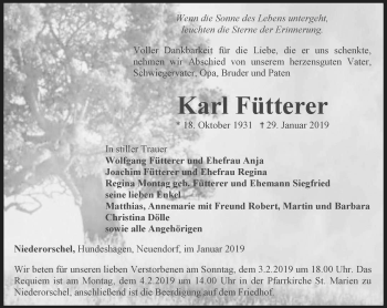 Traueranzeige von Karl Fütterer von Thüringer Allgemeine