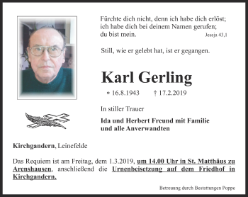 Traueranzeige von Karl Gerling von Thüringer Allgemeine