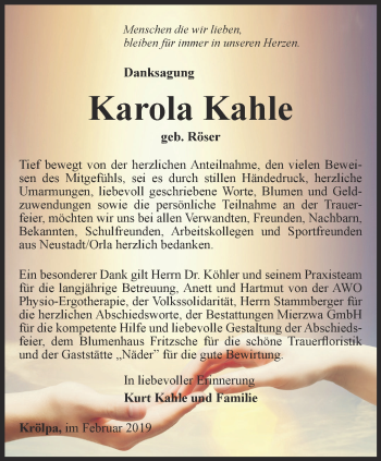 Traueranzeige von Karola Kahle von Ostthüringer Zeitung