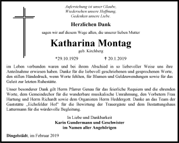 Traueranzeige von Katharina Montag von Thüringer Allgemeine