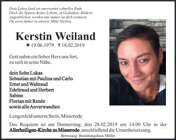 Traueranzeige von Kerstin Weiland von Thüringer Allgemeine