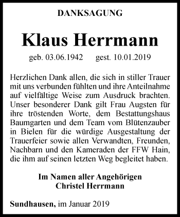 Traueranzeige von Klaus Herrmann von Thüringer Allgemeine