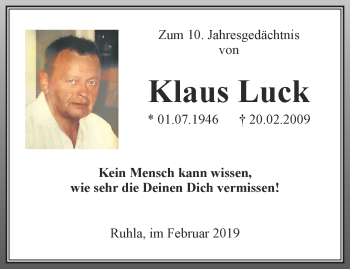 Traueranzeige von Klaus Luck von Thüringer Allgemeine, Thüringische Landeszeitung