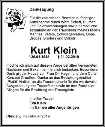 Traueranzeige von Kurt Klein von Thüringer Allgemeine