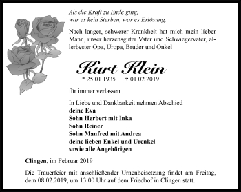 Traueranzeige von Kurt Klein von Thüringer Allgemeine