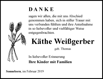 Traueranzeige von Käthe Weißgerber von Ostthüringer Zeitung, Thüringische Landeszeitung