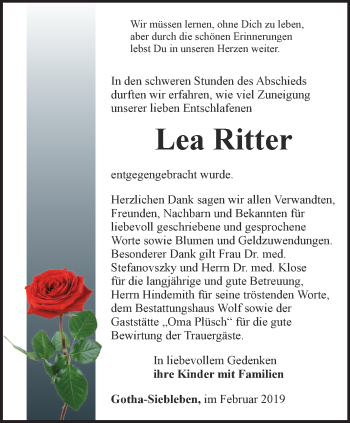 Traueranzeige von Lea Ritter von Ostthüringer Zeitung, Thüringische Landeszeitung