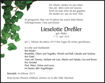 Traueranzeige von Lieselotte Dreßler von Ostthüringer Zeitung, Thüringische Landeszeitung