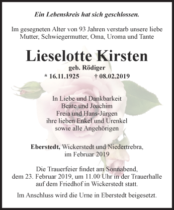 Traueranzeige von Lieselotte Kirsten von Thüringer Allgemeine, Thüringische Landeszeitung