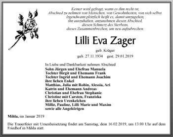 Traueranzeige von Lilli Eva Zager von Thüringer Allgemeine, Thüringische Landeszeitung