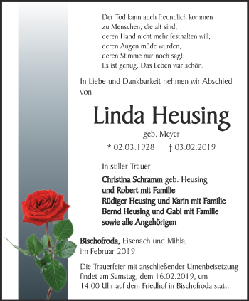 Traueranzeige von Linda Heusing von Thüringer Allgemeine, Thüringische Landeszeitung