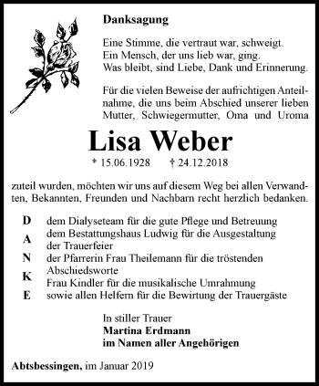 Traueranzeige von Lisa Weber von Thüringer Allgemeine