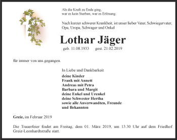 Traueranzeige von Lothar Jäger