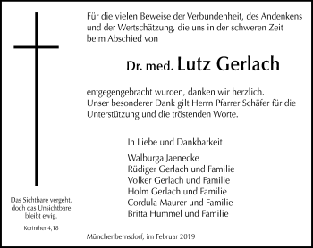 Traueranzeige von Lutz Gerlach von Ostthüringer Zeitung