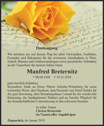 Traueranzeige von Manfred Breternitz von Ostthüringer Zeitung