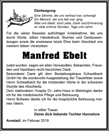 Traueranzeige von Manfred Ebelt von Thüringer Allgemeine