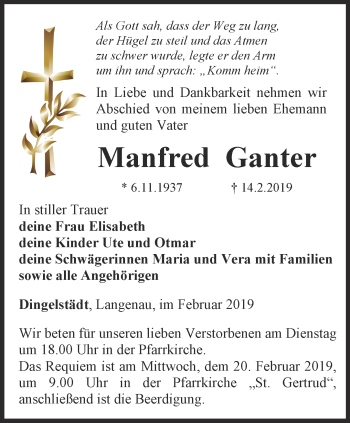 Traueranzeige von Manfred Ganter von Thüringer Allgemeine