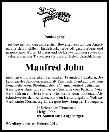 Traueranzeige von Manfred John von Ostthüringer Zeitung, Thüringische Landeszeitung