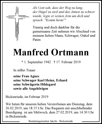 Traueranzeige von Manfred Ortmann von Thüringer Allgemeine, Thüringische Landeszeitung