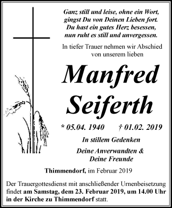 Traueranzeige von Manfred Seiferth von Ostthüringer Zeitung