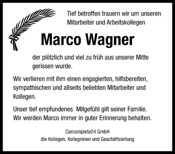 Traueranzeige von Marco Wagner von Thüringer Allgemeine, Thüringische Landeszeitung