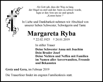 Traueranzeige von Margareta Ryba