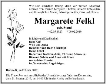 Traueranzeige von Margarete Felkl von Thüringer Allgemeine, Thüringische Landeszeitung