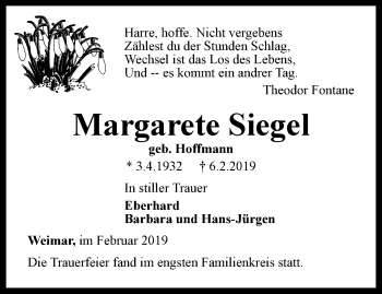 Traueranzeige von Margarete Siegel von Thüringer Allgemeine, Thüringische Landeszeitung