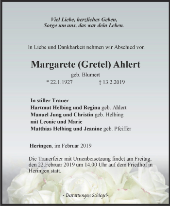 Traueranzeige von Margarete Gretel Ahlert von Thüringer Allgemeine