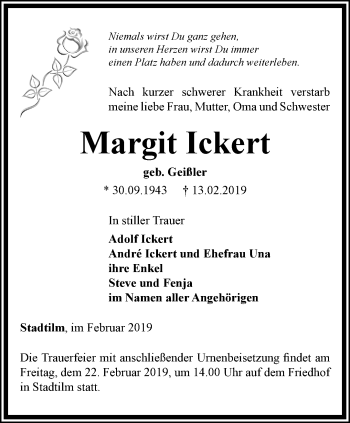 Traueranzeige von Margit Ickert von Thüringer Allgemeine