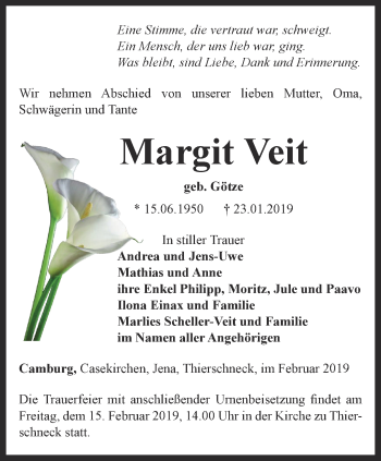 Traueranzeige von Margit Veit von Ostthüringer Zeitung, Thüringische Landeszeitung