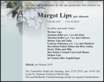 Traueranzeige von Margot Lips von Thüringer Allgemeine