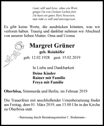 Traueranzeige von Margret Grüner von Thüringer Allgemeine