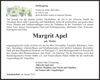 Traueranzeige von Margrit Apel von Ostthüringer Zeitung