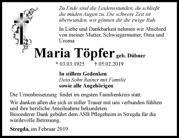 Traueranzeige von Maria Töpfer von Thüringer Allgemeine, Thüringische Landeszeitung