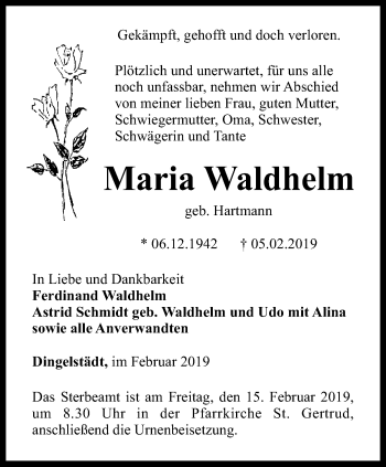 Traueranzeige von Maria Waldhelm von Thüringer Allgemeine