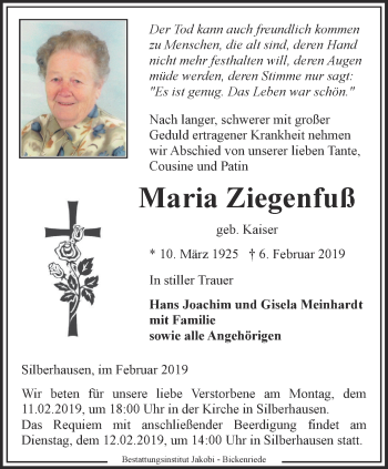 Traueranzeige von Maria Ziegenfuß von Thüringer Allgemeine, Thüringische Landeszeitung