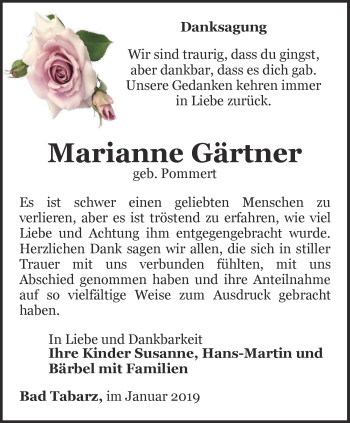 Traueranzeige von Marianne Gärtner von Ostthüringer Zeitung, Thüringische Landeszeitung