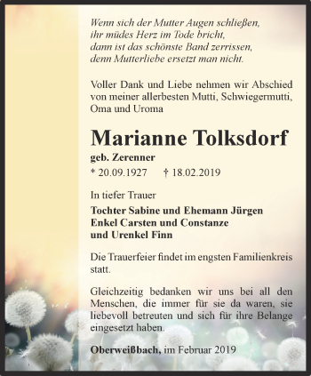 Traueranzeige von Marianne Tolksdorf von Ostthüringer Zeitung