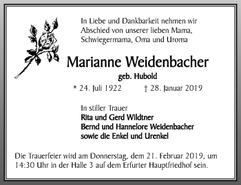 Traueranzeige von Marianne Weidenbacher von Thüringer Allgemeine, Thüringische Landeszeitung