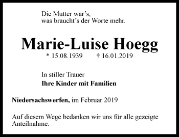Traueranzeige von Marie-Luise Hoegg von Thüringer Allgemeine