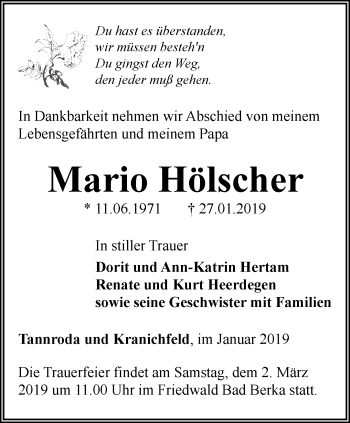 Traueranzeige von Mario Hölscher von Thüringer Allgemeine, Thüringische Landeszeitung