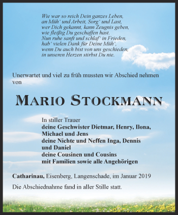 Traueranzeige von Mario Stockmann von Ostthüringer Zeitung