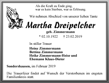 Traueranzeige von Martha Dreipelcher von Thüringer Allgemeine