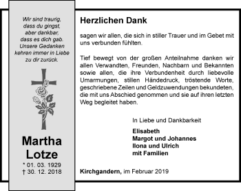 Traueranzeige von Martha Lotze von Thüringer Allgemeine