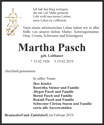 Traueranzeige von Martha Pasch von Ostthüringer Zeitung