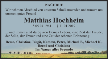 Traueranzeige von Matthias Hochheim von Thüringer Allgemeine, Thüringische Landeszeitung